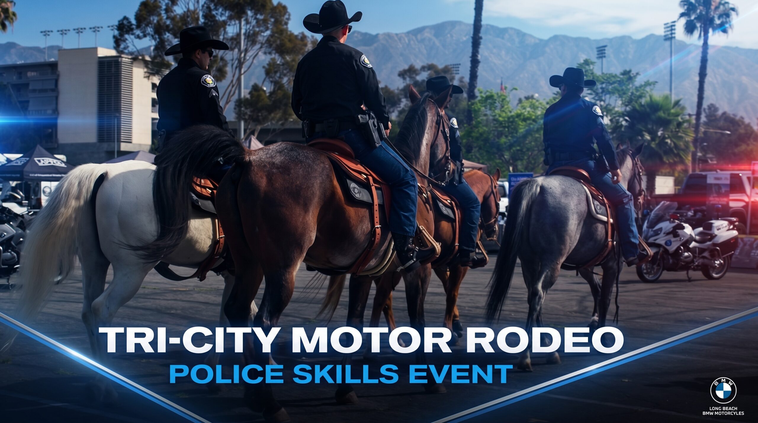 Police officers on horseback at the Tri City Police Motor Rodeo event in Pasadena