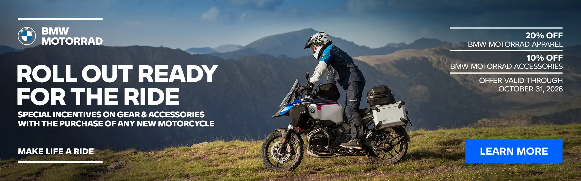 Special Gear and Accessory offer with the purchase of any new BMW Motorcycle through October 31, 2026